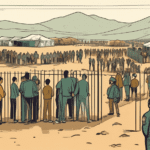 Create an illustration depicting a recently closed border with a fence and a Border Closed sign prominently displayed. On one side of the fence, a manageable crowd of migrants is gathered, looking unc