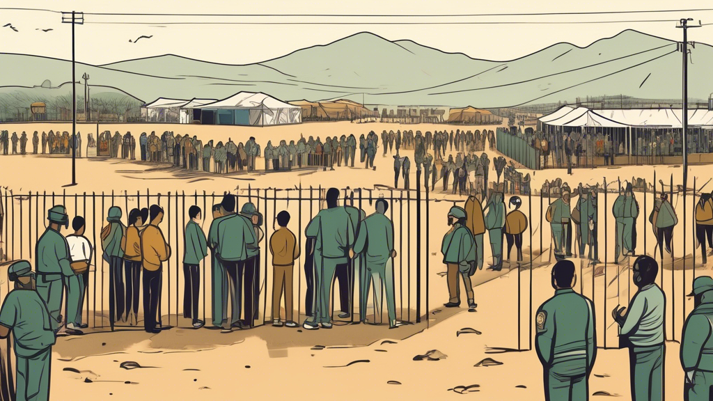 Create an illustration depicting a recently closed border with a fence and a Border Closed sign prominently displayed. On one side of the fence, a manageable crowd of migrants is gathered, looking unc