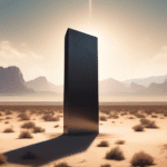 Create an image depicting a mysterious monolith, similar to the one that appeared in 2020, standing tall in the expansive desert landscape of Las Vegas. The monolith should emit a sense of intrigue an