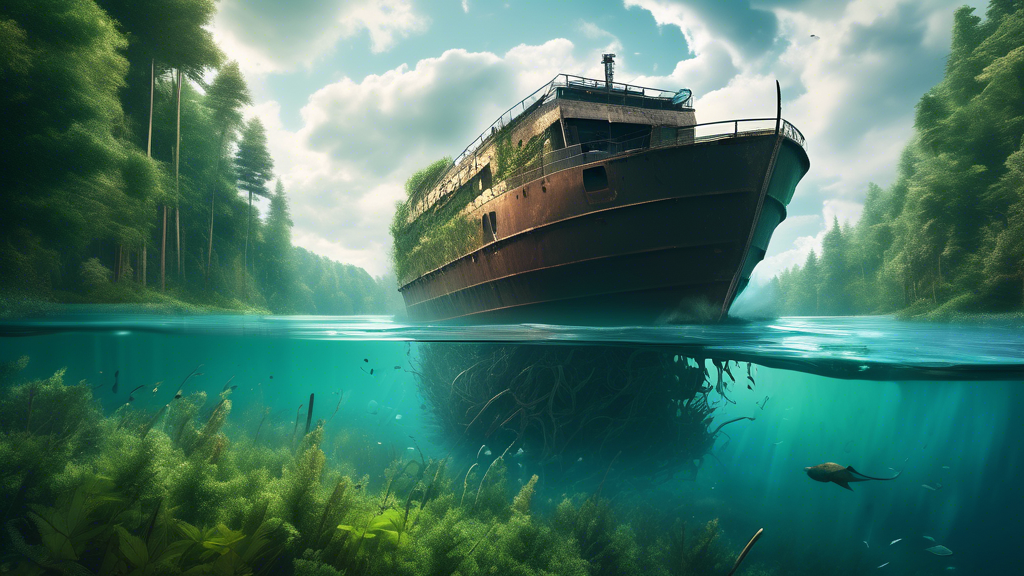 Create a stunning digital illustration of an enormous vessel in the midst of colliding with an unseen submerged object in the world's largest freshwater lake. The scene should capture the dramatic mom