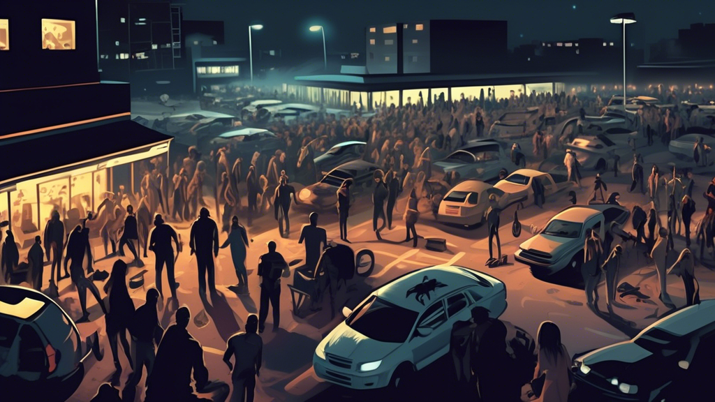 Create an image depicting a chaotic parking lot at night, filled with various loud and boisterous groups of people involved in different activities. In the background, subtly include a crime scene wit