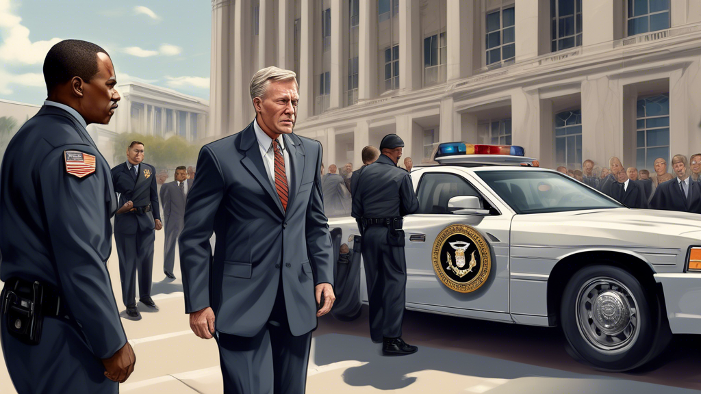 Create a detailed news-style illustration depicting Ex-Vice Chief of Naval Operations Robert Burke being detained by federal authorities on bribery allegations. The background should include the exter