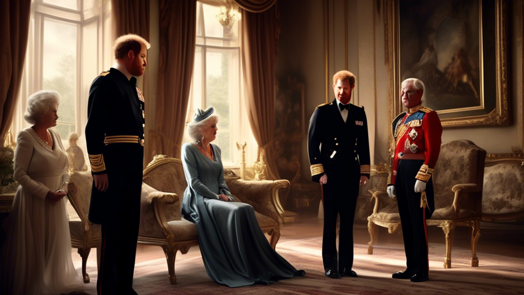 Create an image depicting a tense royal family scene where Prince Harry is standing apart from King Charles and Queen Camilla, showcasing an emotional and strained atmosphere. The background should be