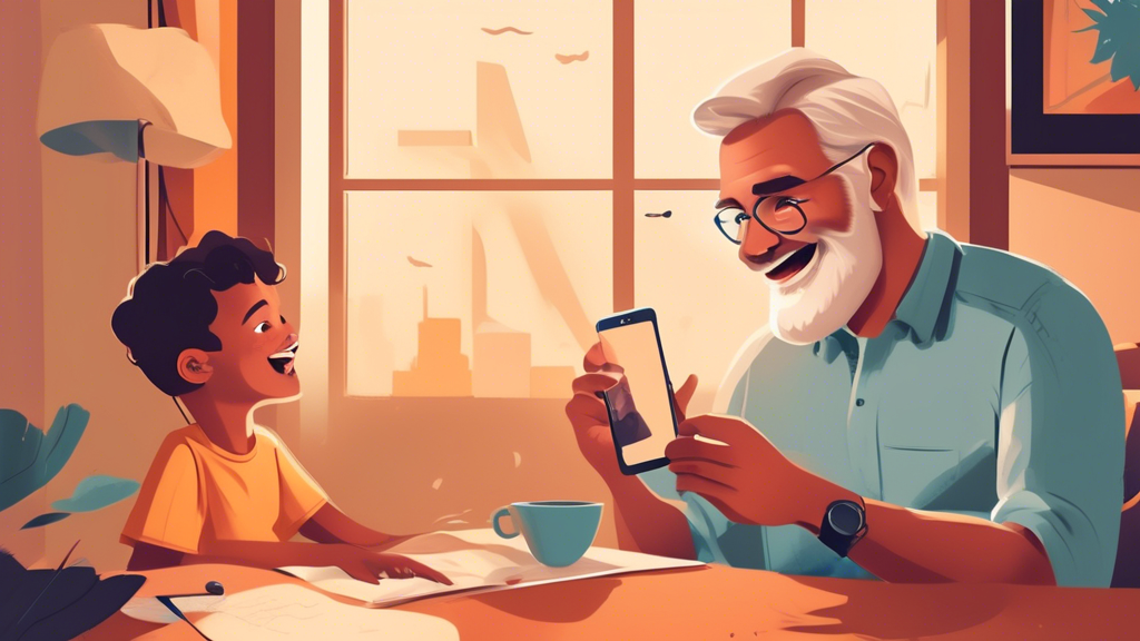 Create an illustration for Father's Day 2024 featuring a proud father and his famous child reconnecting over a video call. The background should hint at their achievements with elements like a movie p