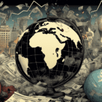 Create an image depicting the intricate relationship between financial markets and political instability. Show a turbulent stock market with fluctuating graphs, overlaying scenes of political unrest s