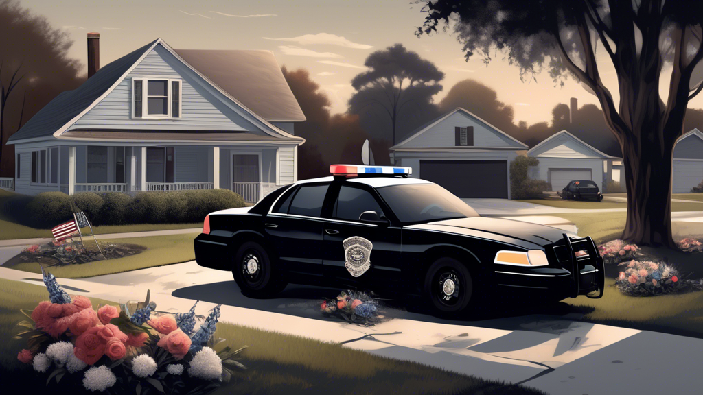 Create an emotionally charged illustration depicting a somber scene outside a modest suburban home in Florida, with a police cruiser parked in the driveway. Display a respectful memorial with flowers