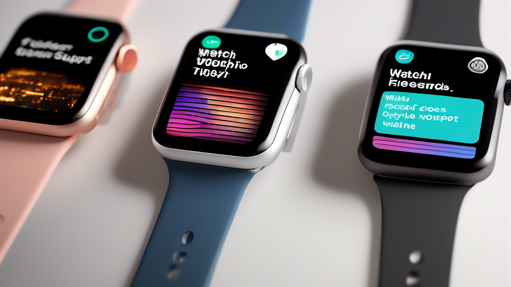 Create an image of three Apple Watches placed side by side on a sleek, modern table. Two have vibrant displays showing various watch faces; the third is powered down with a subtle No Support text over