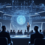 Craft a detailed digital illustration depicting a former CEO of Google, standing in a futuristic tech conference setting, speaking critically about open source models. Surround the CEO with holographi