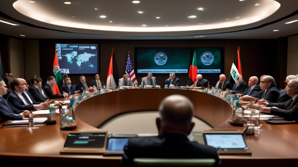 A tense diplomatic meeting room, dimly lit, with representatives from different nations seated around a large oval table, intensely discussing a ceasefire plan. The backdrop features flags of the US,