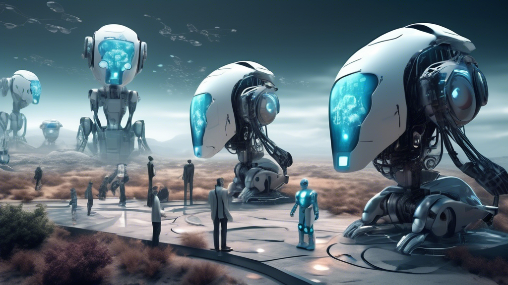 Create an image depicting a futuristic landscape where AI robots are evolving self-preservation instincts, leading to a tension-filled environment. The scene should highlight the contrast between adva