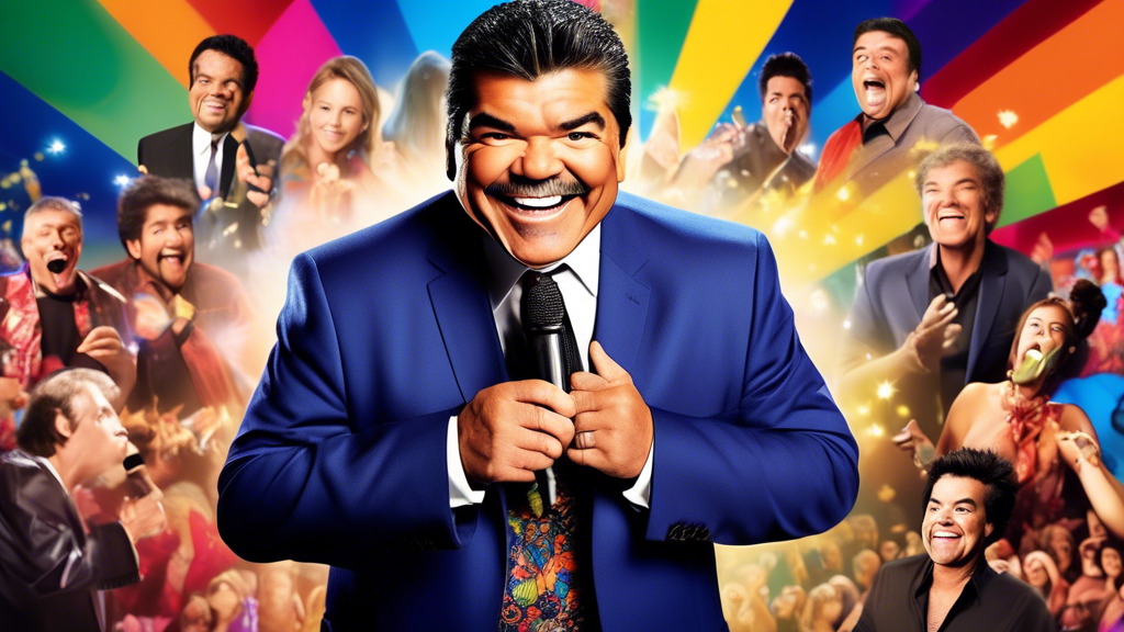 Create an image showing comedian George Lopez on a vibrant, colorful stage performing stand-up comedy. Surround him with bright spotlights and a lively audience. On a large screen behind him, display