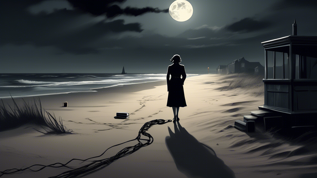 Create a haunting, noir-style illustration of a solitary, moonlit beach with faint police tape and shadows of investigators in the background. The scene should include old, weathered personal items li