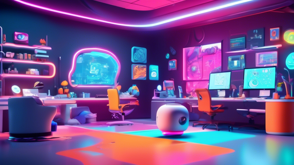 Create a vibrant scene of Haiper AI's futuristic office, where animated characters from ToonCrafter are interacting with advanced AI technology. The office should be a blend of cutting-edge technology