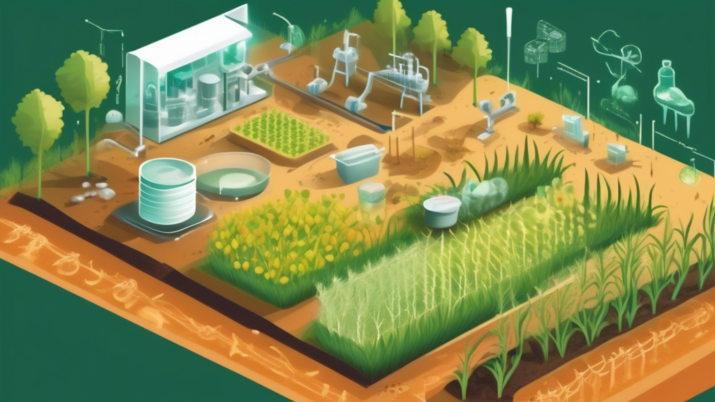Create an illustration of a lush farmland with a focus on healthy crops. In the foreground, depict a scientific experiment involving microscopic bacteria being introduced to the soil. Show the bacteri