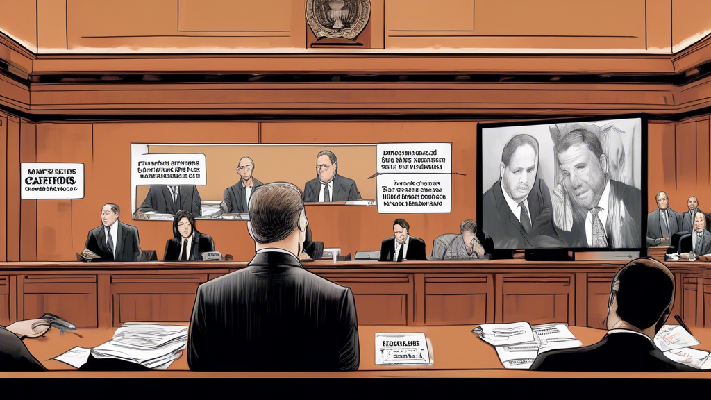 Create an image showing a somber courtroom setting with a title banner reading Harvey Weinstein Appeal Hearing. In the foreground, depict lawyers in formal attire presenting documents and speaking pas