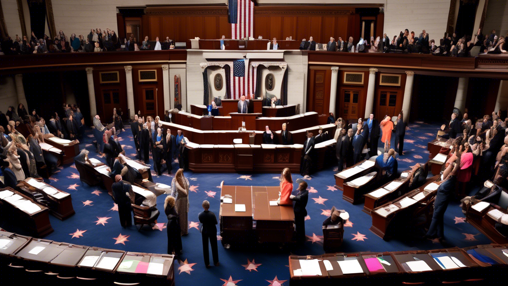 Create a scene inside the U.S. House of Representatives during the passage of a defense bill. Various elements represent the contentious aspects of the bill: symbols of abortion access (e.g., women's