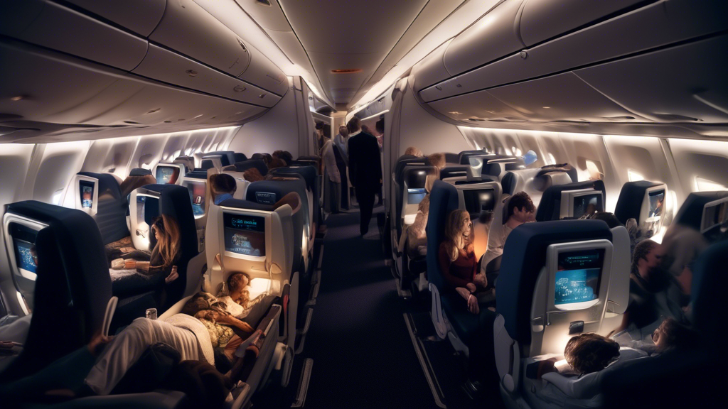An airplane cabin interior at cruising altitude at night, with passengers in various states of sleep, some peacefully and some appearing restless. Highlights on the effects of moderate alcohol intake,