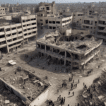 High-resolution aerial view showing a devastated school in Gaza surrounded by rubble and chaos after a significant Israeli airstrike. Smoke and dust fill the scene under a somber, overcast sky. Rescue