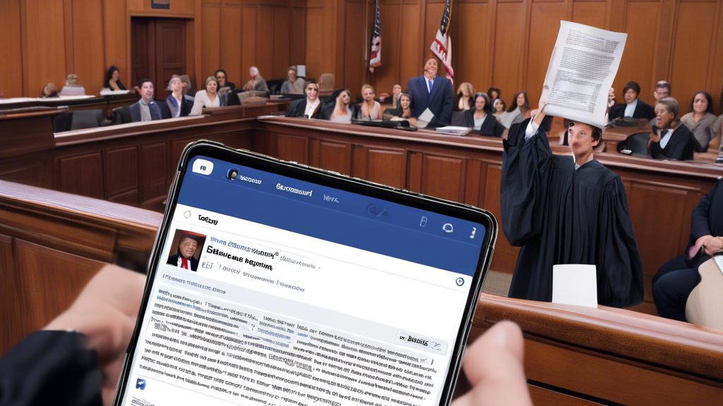 An image depicting a courtroom with a judge prominently holding up a printout of a Facebook post. The setting should visibly show New York v. Trump legal documents and the environment of a high-profil