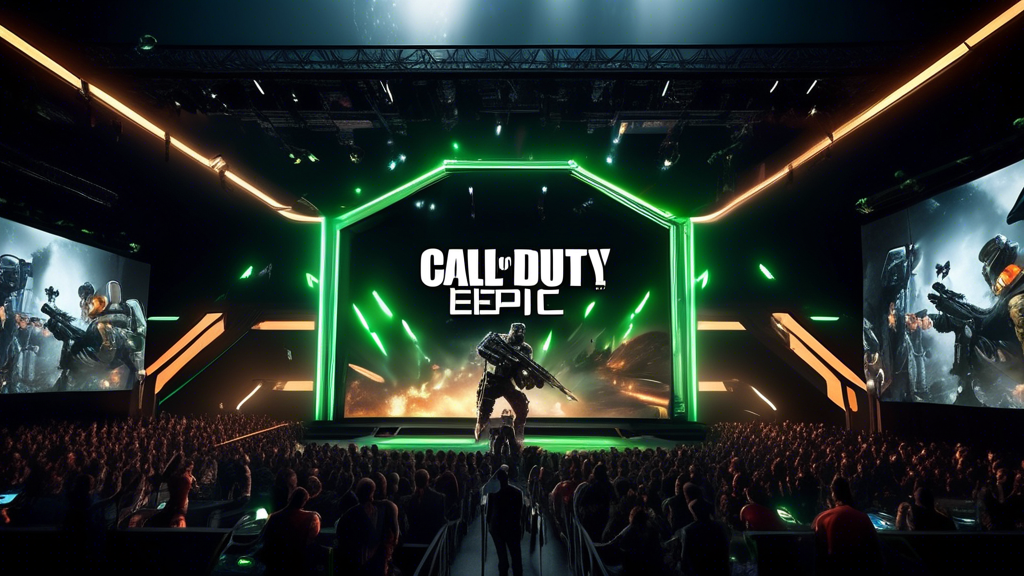 Create an image of an epic video game showcase: a futuristic stage with vibrant, dynamic lighting featuring Xbox and Call of Duty: Black Ops 6 logos prominently displayed. Include excited crowds, gian
