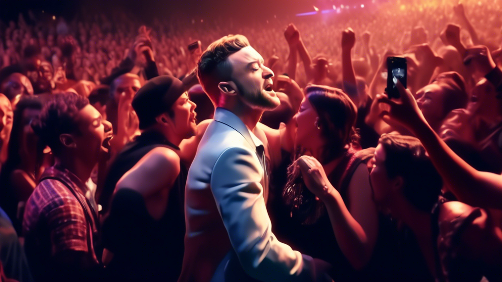 An emotional scene at a Justin Timberlake concert, where the pop star pauses mid-performance under stage lights to assist a fan in need, with concerned onlookers in the crowd and stage crew rushing to