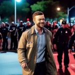 Create an image capturing the emotional moment of Justin Timberlake being released from police custody at night. He is walking away from the police station, flanked by a few officers, with flashing po