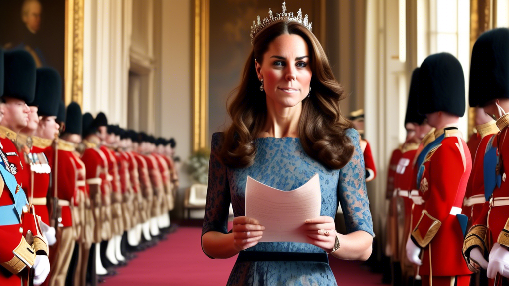 Create an image of Kate Middleton in an elegant dress, standing gracefully in a warmly-lit room, looking apologetic and sincere as she holds a handwritten letter. In the background, a semi-transparent