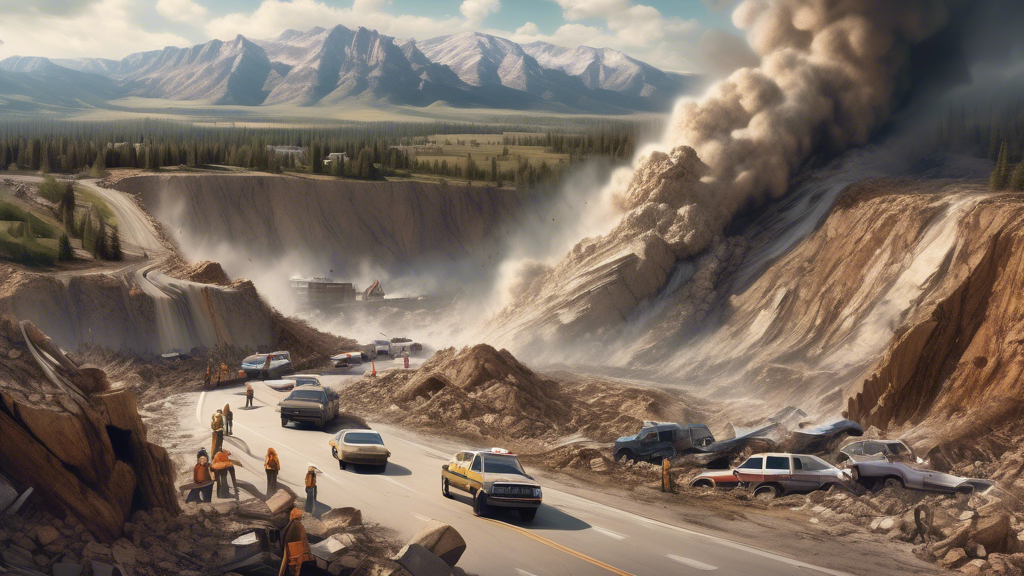 Create a hyper-realistic image depicting the aftermath of a landslide in Wyoming. In the image, a major highway is dramatically collapsed and broken, with large sections of the road engulfed by debris