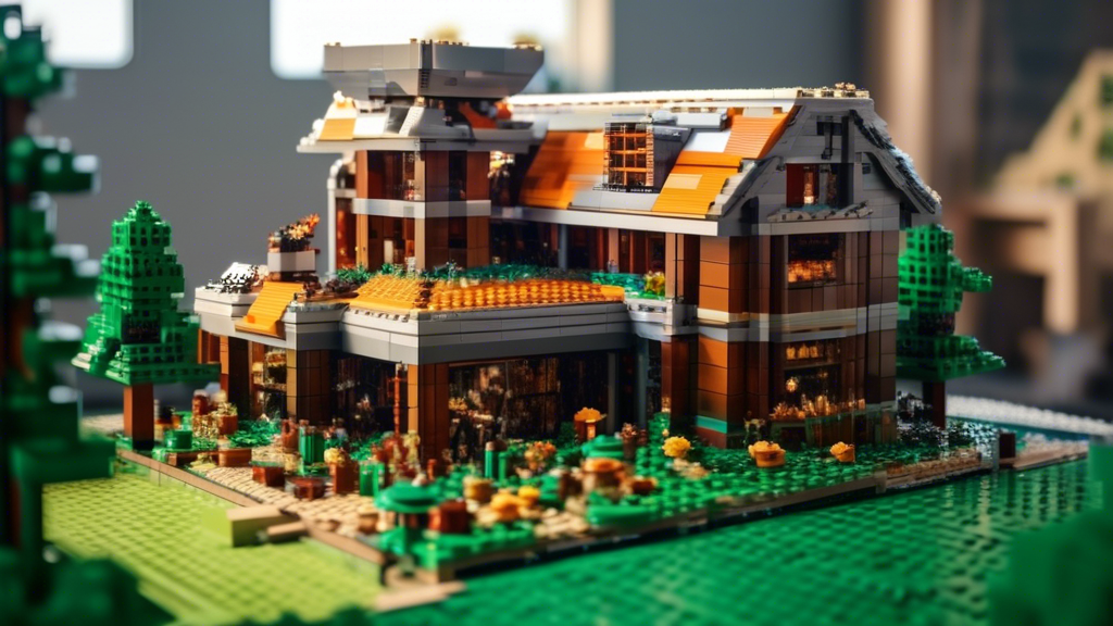 Create an image that features a highly detailed and intricate LEGO set inspired by Minecraft, designed specifically for adult fans. Highlight sophisticated elements such as complex structures, realist