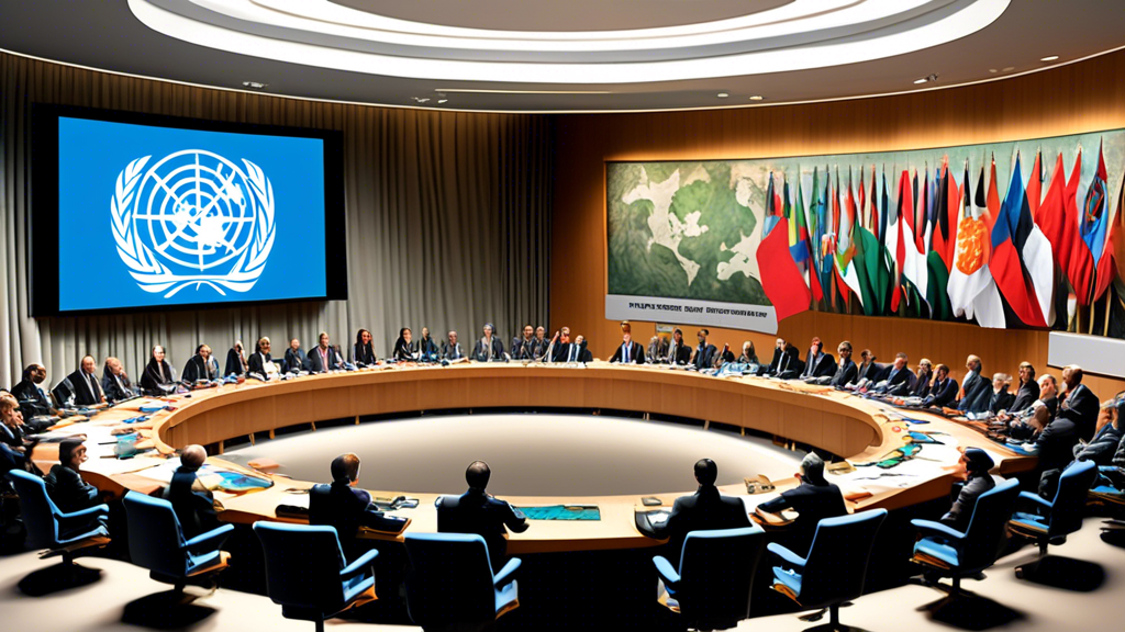 Create a realistic painting depicting the UN Security Council chamber in session, with delegates from various countries intently discussing around a large circular table. In the background, display fl