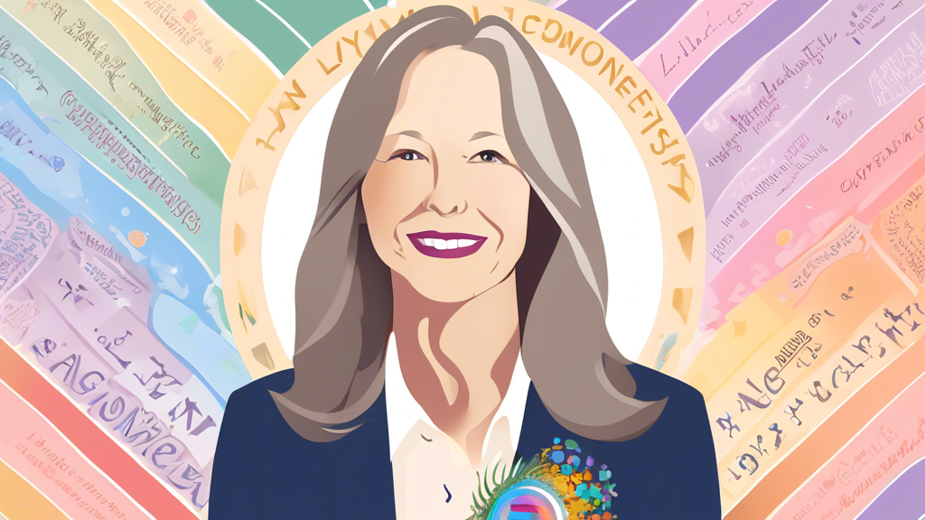 Create an elegant and respectful digital illustration honoring the life and contributions of Lynn Conway, featuring a portrait of her in the center. Surround the portrait with elements symbolizing her