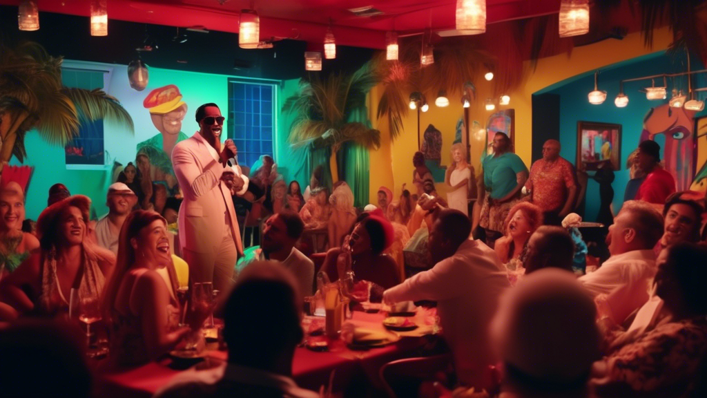 An animated scene capturing a lively comedy roast in a vibrant Little Havana venue with colorful Cuban decor. Highlight Miami comedians on stage with playful expressions, as the audience enjoys the sh