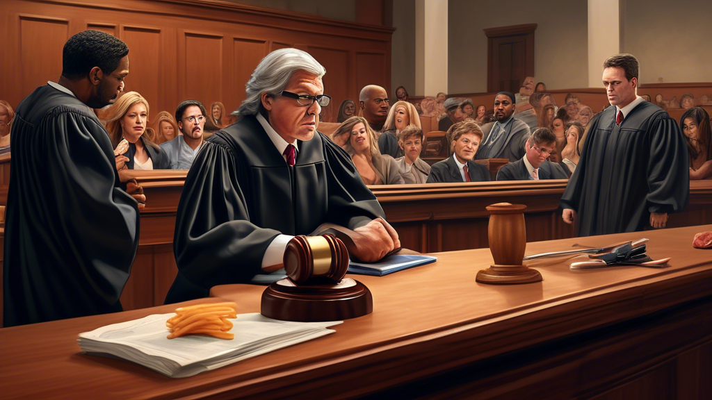 Create an image depicting a courtroom scene with a judge overseeing the trial of multiple defendants accused in a $40 million food fraud scheme. The scene includes their emotional reactions as jurors
