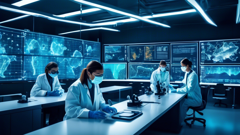 Create an image of a futuristic CDC laboratory with scientists analyzing data on large screens showing the spread of different COVID-19 variants. Highlight a graph where the KP.3 variant is marked in