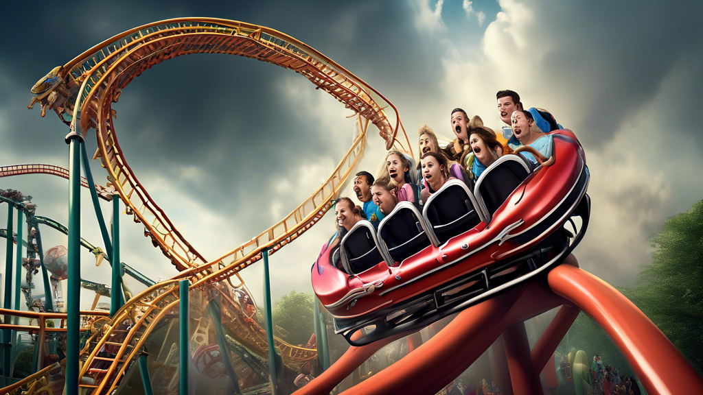 Create a dramatic scene at an amusement park with a large roller coaster stuck on a loop, leaving 28 riders hanging upside down. Capture the expressions of shock and concern on the faces of the riders