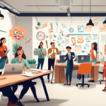 Create an image of a bustling office environment where employees are intensely focused on their work, with a sign on the wall that reads 'Omost is serious business', and a few people in the background
