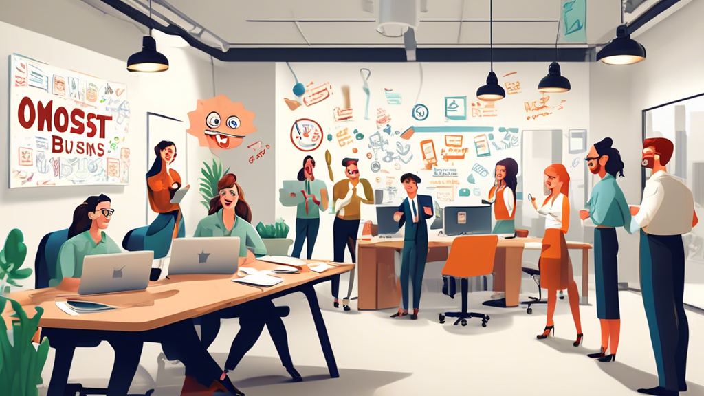 Create an image of a bustling office environment where employees are intensely focused on their work, with a sign on the wall that reads 'Omost is serious business', and a few people in the background