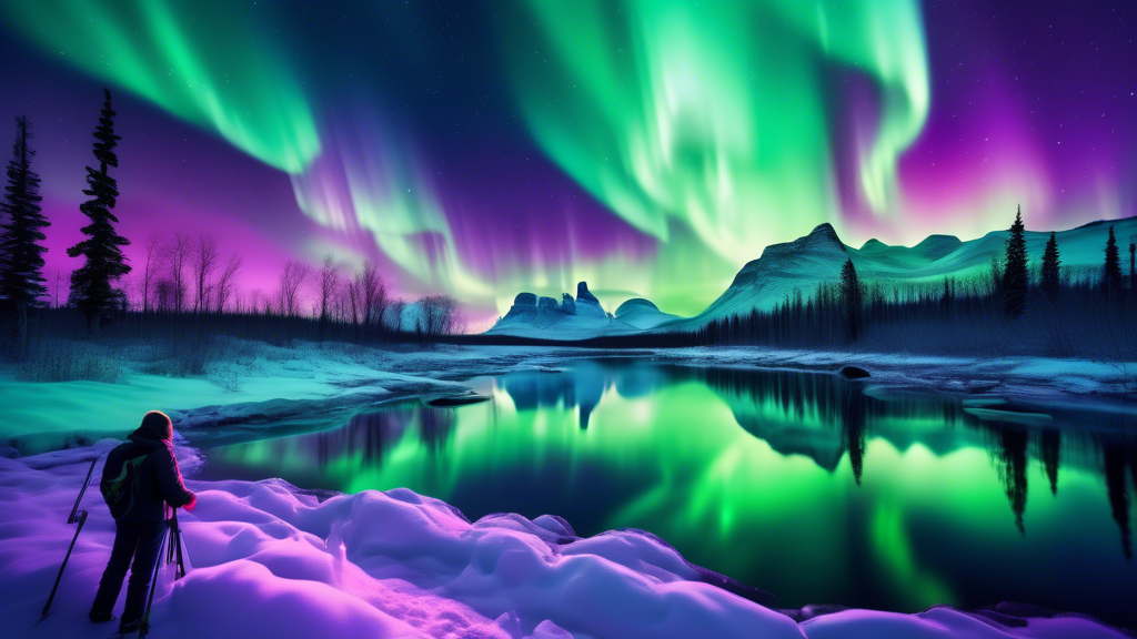 Create an image of a breathtaking night sky lit up by the Northern Lights with vibrant hues of green and purple. Include a peaceful winter landscape in the foreground, featuring excited people bundled