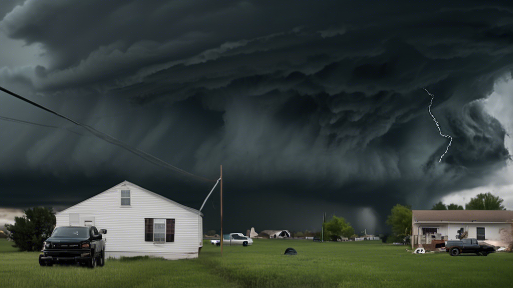 Create an image depicting a rural community in Platte County under a dark, ominous sky with a tornado forming in the distance. Include a weather alert on a local TV screen showing 'Tornado Warning' an