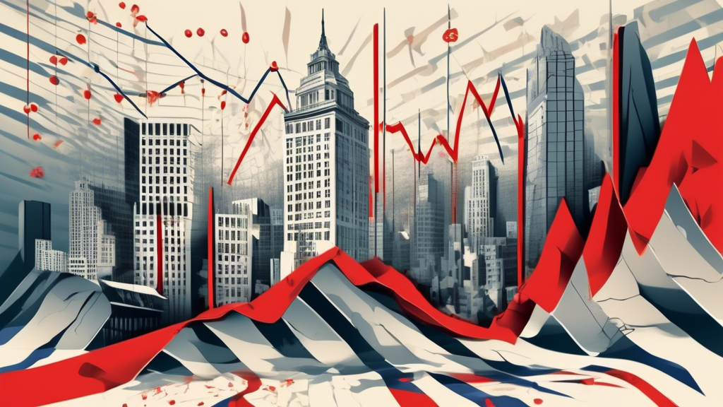 Illustration of a fractured political landscape juxtaposed with fluctuating stock market graphs, highlighting the correlation between political instability and market trends. The scene should feature
