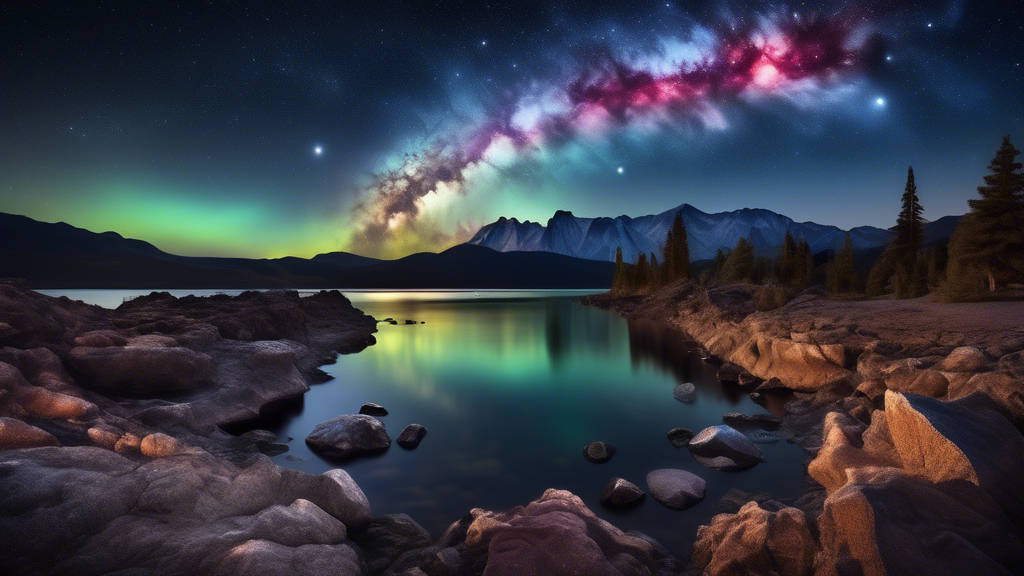 Create a breathtaking night sky scene capturing a rare astronomical event visible once every 80 years. The image should include a distinct, bright comet with a long tail, colorful auroras, and a clear