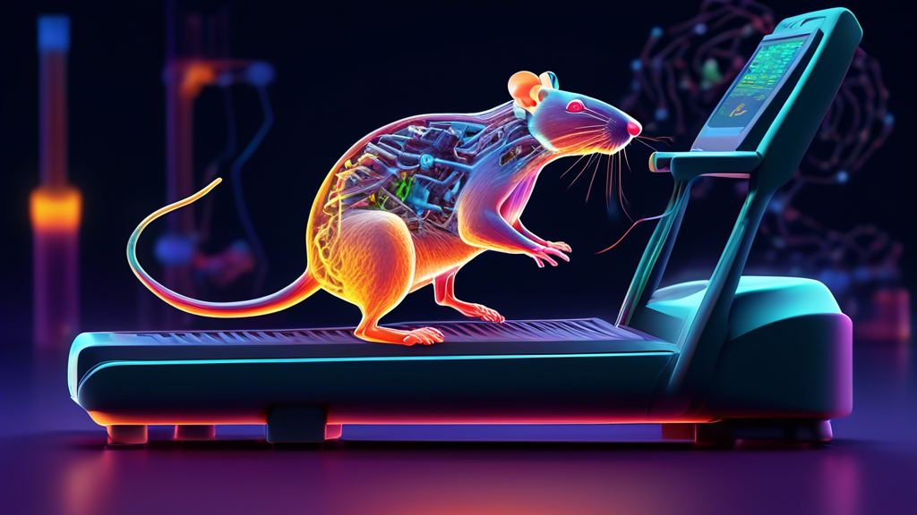 Create a detailed, scientific illustration of a heat-acclimated rat undergoing physical exertion on a treadmill, with a focus on its hypothalamus. Represent the protective impact revealed by quantitat