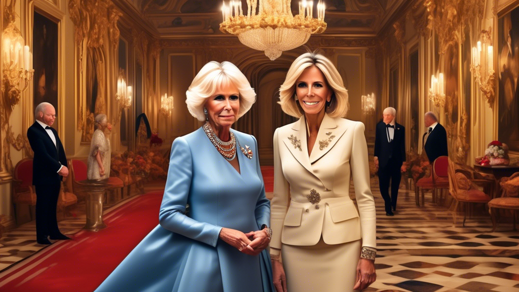 A detailed illustration of an elegant diplomatic setting featuring Queen Camilla and Brigitte Macron. Queen Camilla, wearing a regal outfit, declines a hand-holding gesture from Brigitte Macron, who i