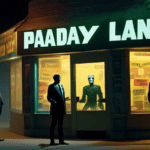 Create a surreal and ironic image depicting a payday loan store. In the foreground, two friends are in an intense conversation about the negative impacts of predatory lending, surrounded by menacing,