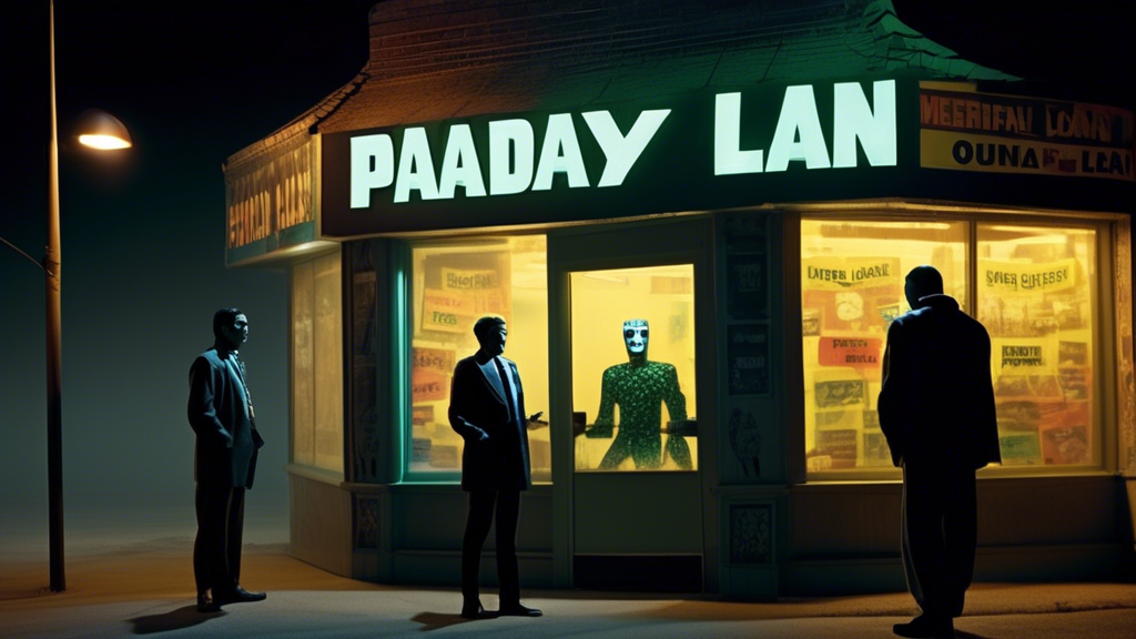 Create a surreal and ironic image depicting a payday loan store. In the foreground, two friends are in an intense conversation about the negative impacts of predatory lending, surrounded by menacing,