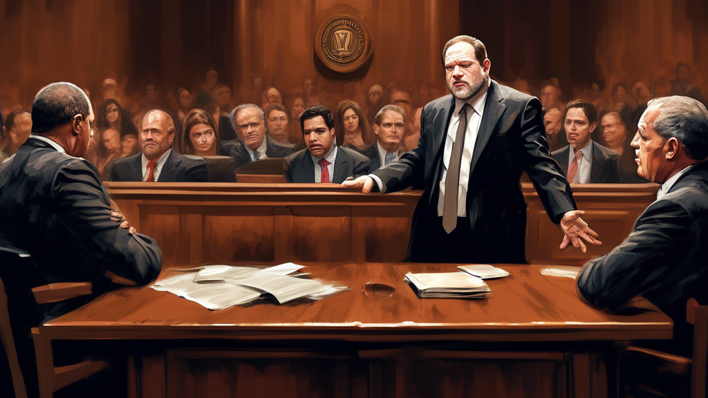 Generate an image illustrating a courtroom scene where a tense legal debate is taking place. Focus on a distressed Harvey Weinstein seated at the defendant's table with his legal team passionately arg