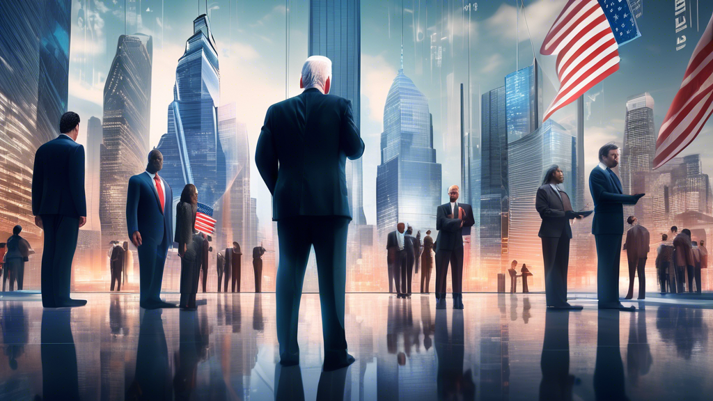 Create an illustration of a futuristic, modern cityscape with towering skyscrapers and a prominent stock exchange building displaying fluctuating stock prices on large digital screens. Include diverse