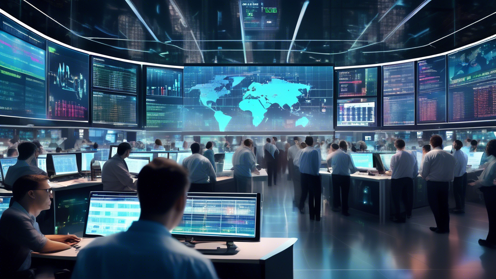Create an image depicting the stock market predictions for 2024, featuring a bustling trading floor with digital stock tickers displaying numbers and graphs. Include traders interacting with futuristi