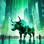 Create a digital illustration of a bullish stock market scene in 2024. Depict futuristic cityscapes with towering skyscrapers, all adorned with holographic stock tickers displaying green upward arrows