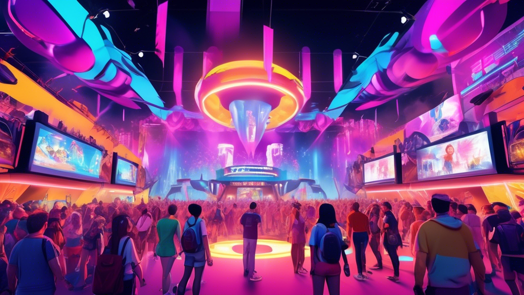 Create a vibrant, high-energy scene showcasing a bustling summer gaming festival in 2024. The setting should include colorful booths with banners displaying game titles, giant screens showing trailers